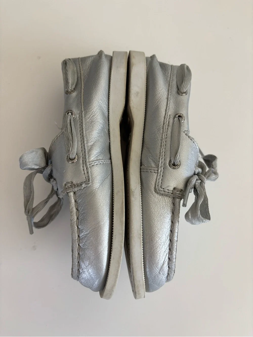Metallic Silver Leather Kids Boat Shoes